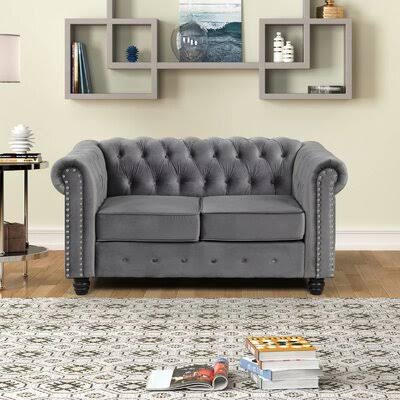 Light Gray Velvet Rolled Arm Chesterfield Loveseat M701356
