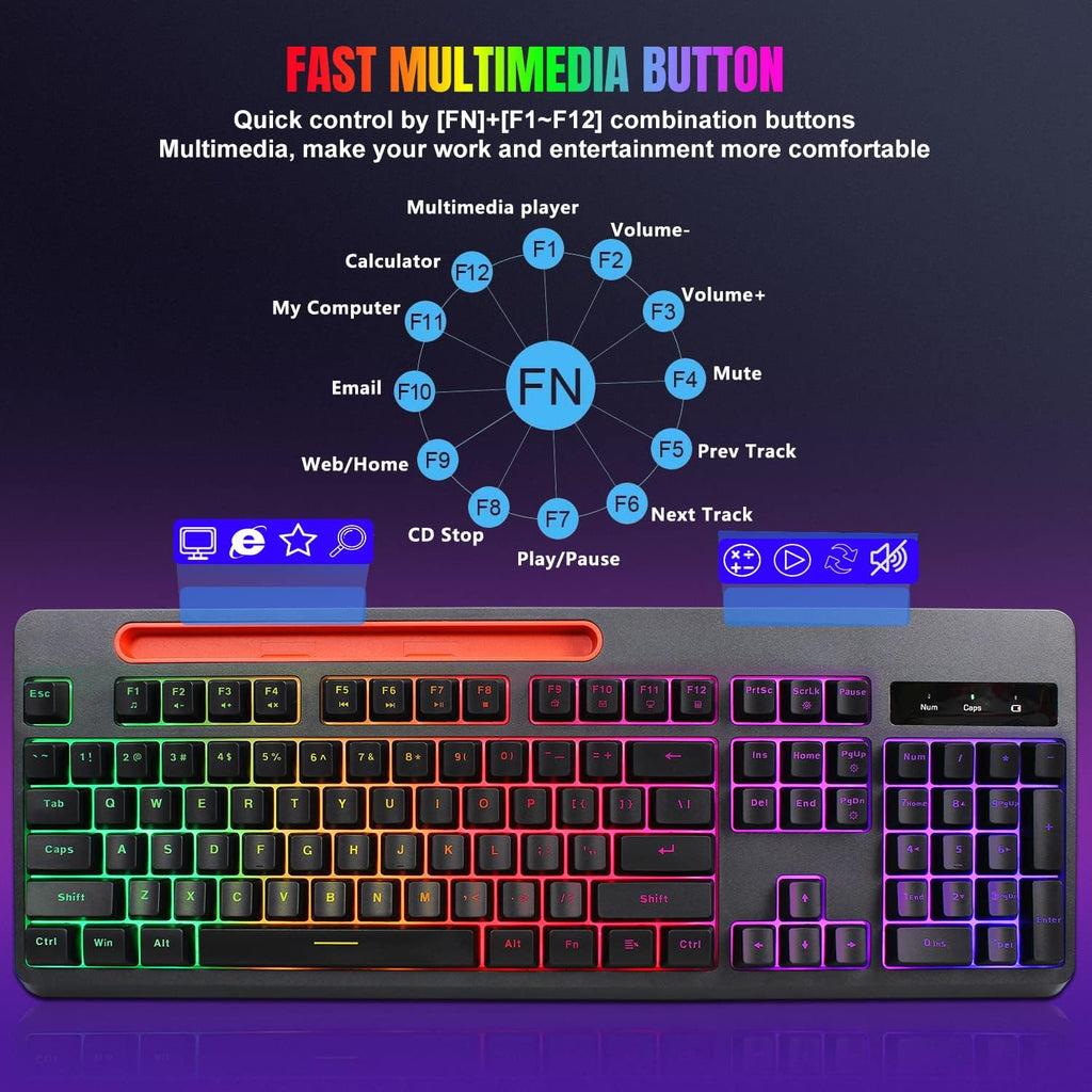 Wireless Gaming Keyboard and Mouse Combo, Rainbow Backlit Mechanical Feel, Anti-ghosting, Ergonomic Design, Tablet/Phone Bracket, Long Battery Life, Pack of 2 A7657