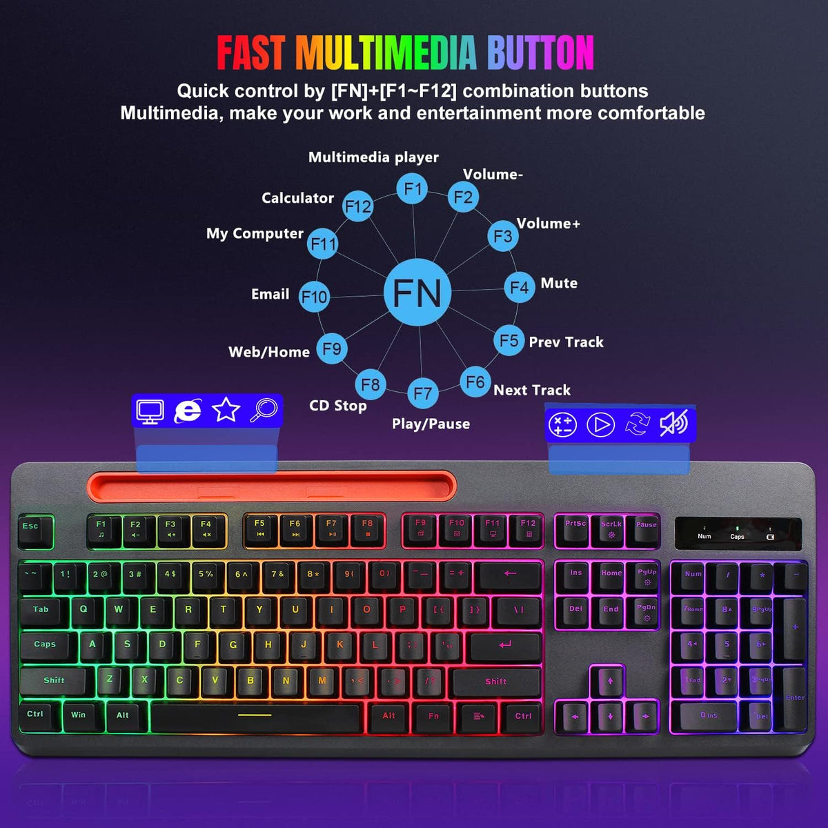 Wireless Gaming Keyboard and Mouse Combo, Rainbow Backlit Mechanical Feel, Anti-ghosting, Ergonomic Design, Tablet/Phone Bracket, Long Battery Life, Pack of 2 A7657