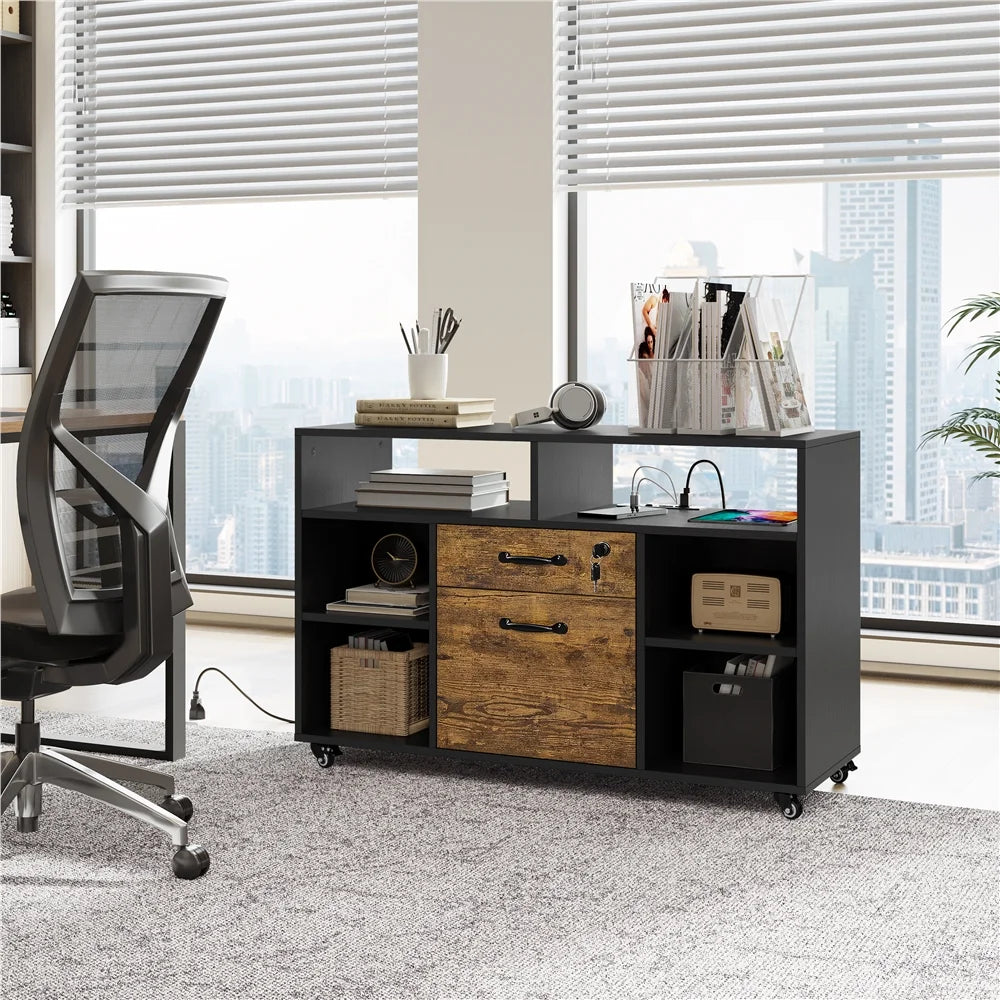Black Rustic Brown Rolling File Cabinet with Power Outlet F74741