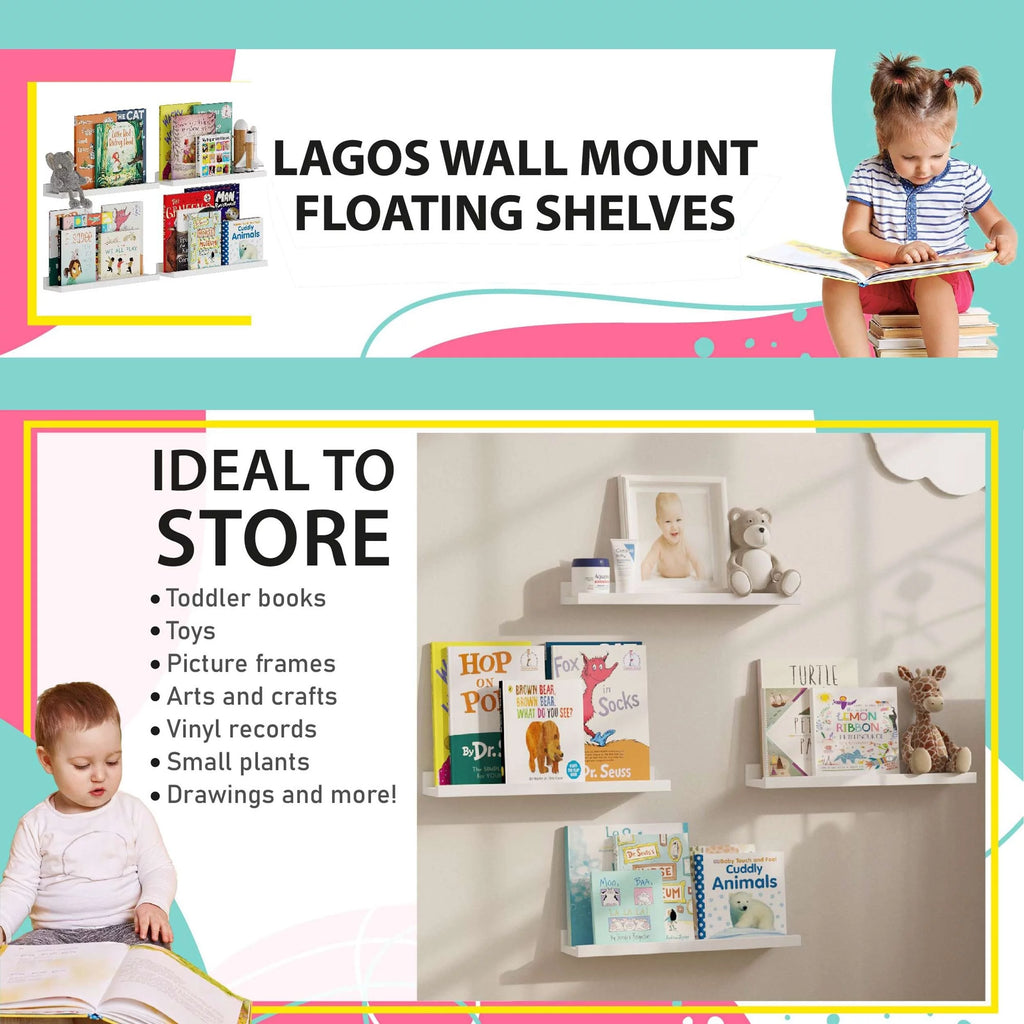 17" Kids Wall Shelves Floating Bookshelf Picture Ledge, Set of 4 A549769
