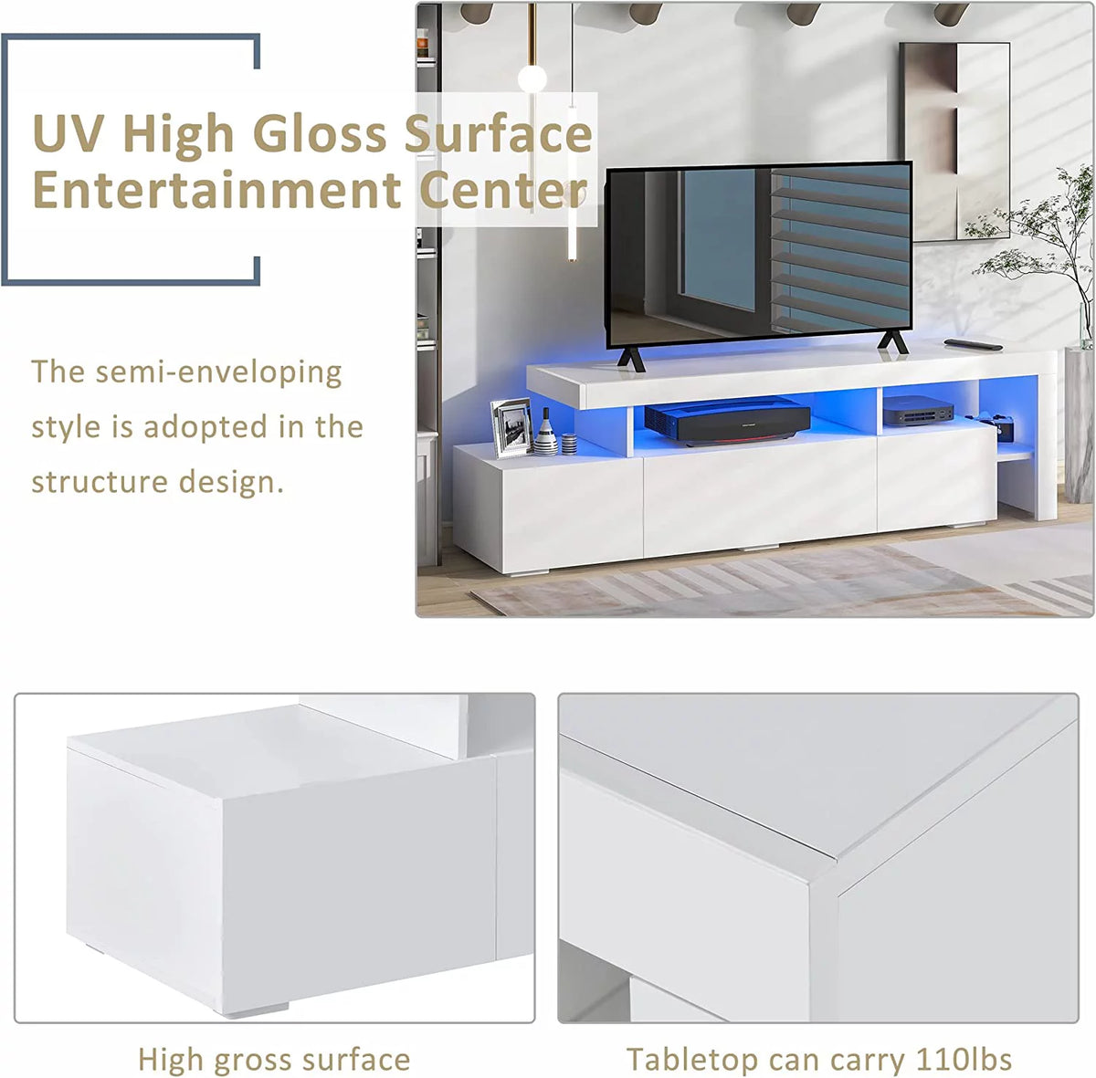 White High Gloss LED TV Stand with Shelf B408472