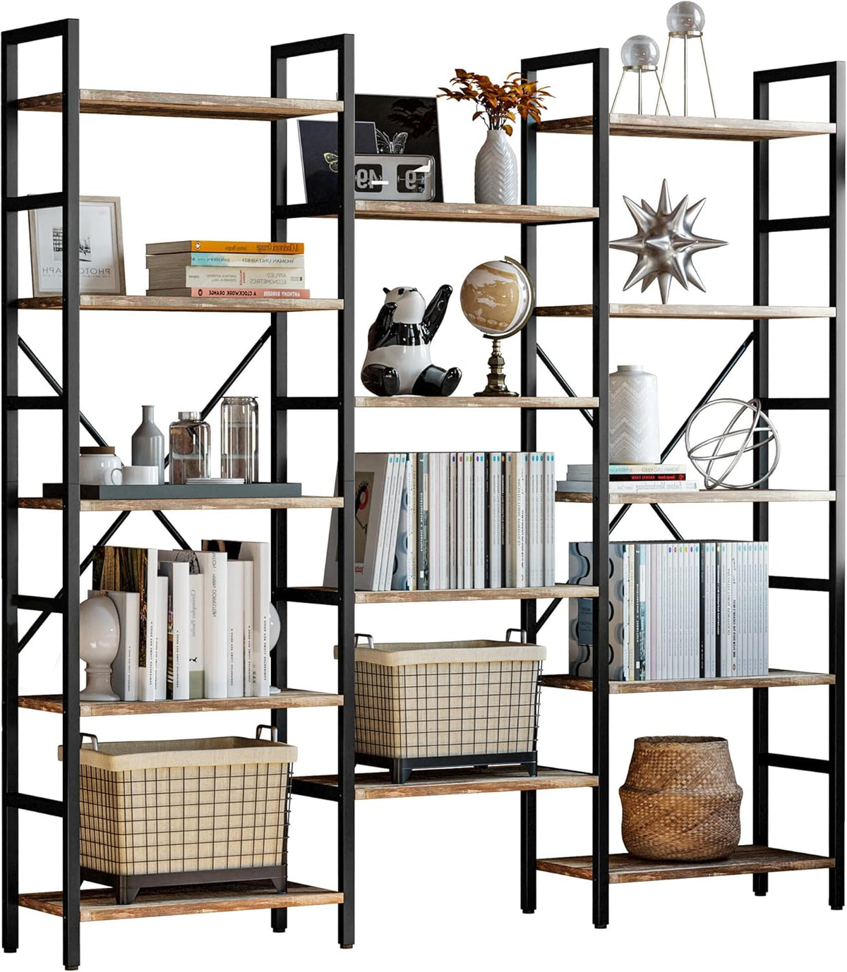 Triple Wide 5 Tiers Industrial Bookshelf with Metal Frame C560