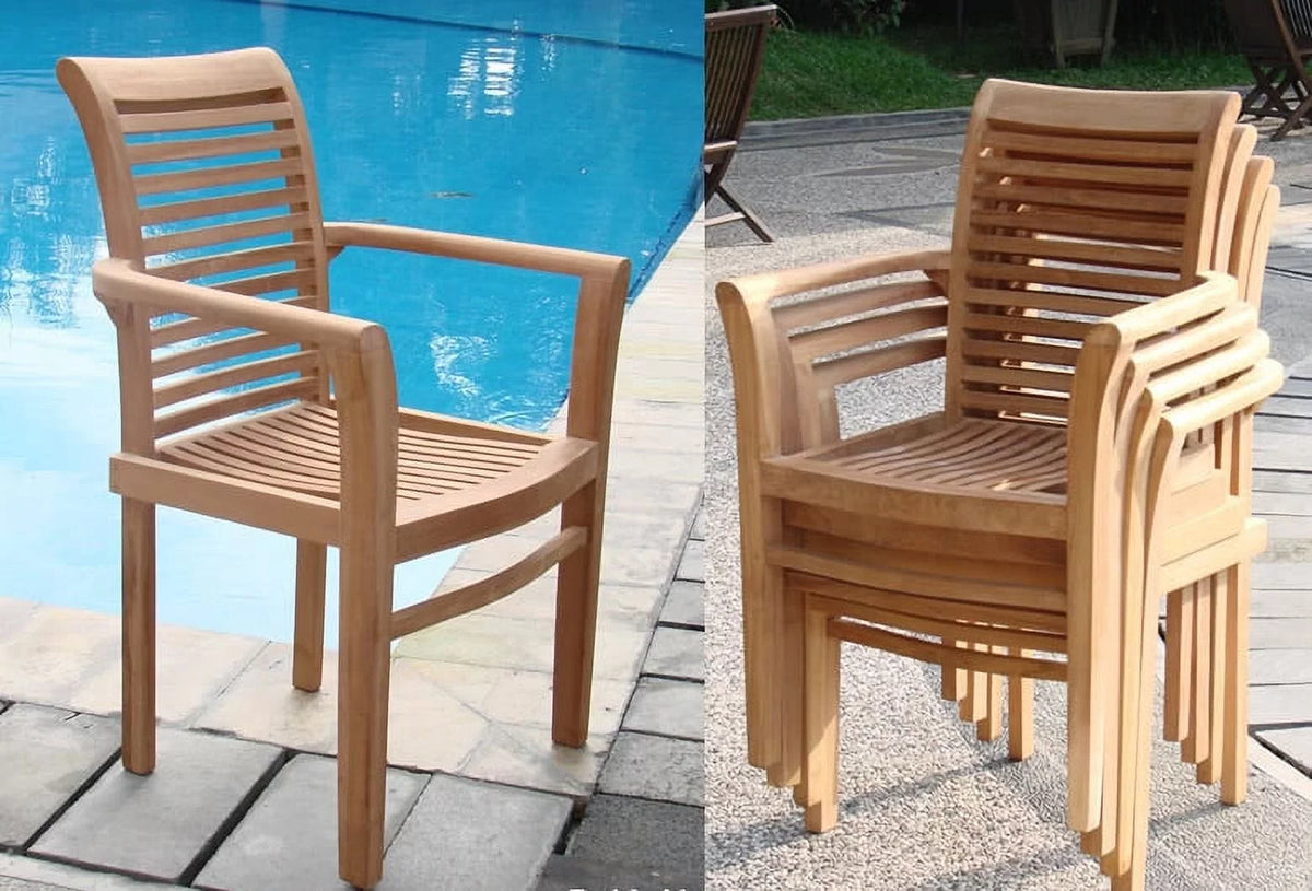 3 Pc Teak Dining Set with Round Side Table and 2 Stacking Arm Chairs E389383