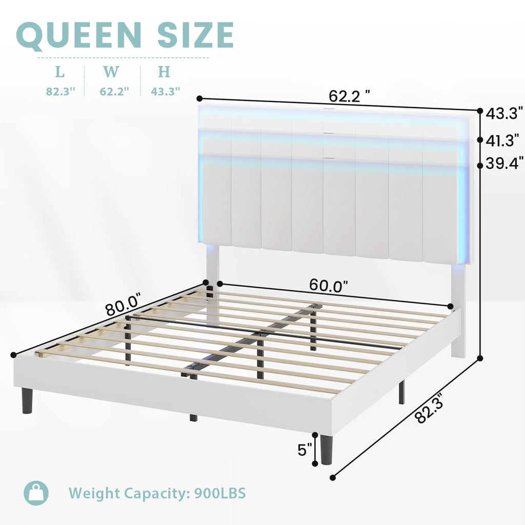 White Queen Upholstered Platform Bed Frame with Charging Station and LED Lights Y679