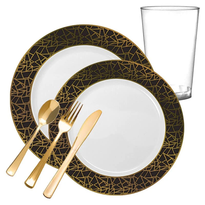 120 Settings White Black Gold Mosaic Rim Round Plastic Wedding Value Set A23436