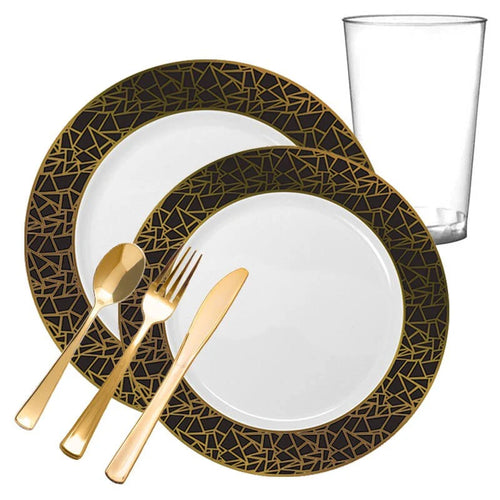120 Settings White Black Gold Mosaic Rim Round Plastic Wedding Value Set A23436