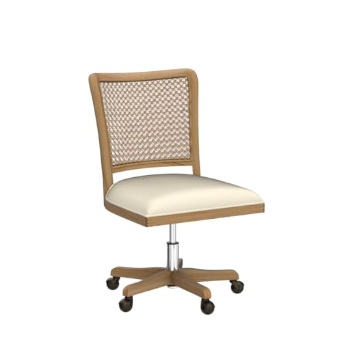 Upholstered Armless Swivel Desk Chair with Rattan Mid-Back A492