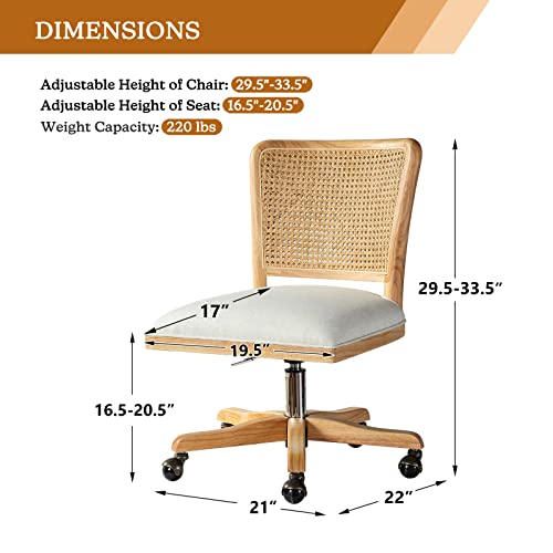 Upholstered Armless Swivel Desk Chair with Rattan Mid-Back A492